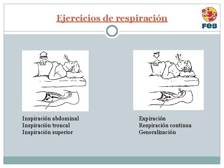 Ejercicios de respiración Inspiración abdominal Inspiración troncal Inspiración superior Expiración Respiración continua Generalización 