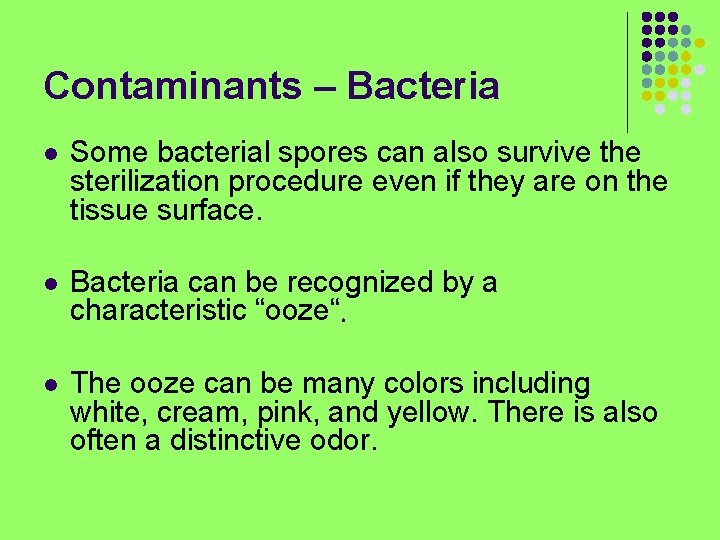 Contaminants – Bacteria l Some bacterial spores can also survive the sterilization procedure even