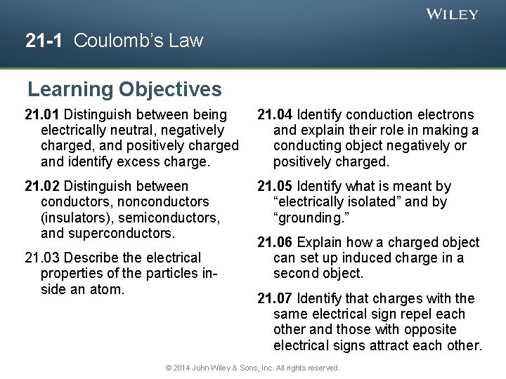 21 -1 Coulomb’s Law Learning Objectives 21. 01 Distinguish between being electrically neutral, negatively