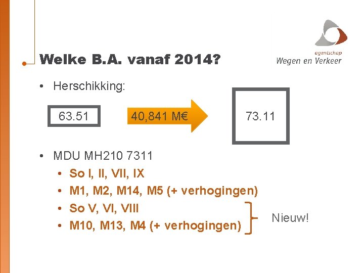 Welke B. A. vanaf 2014? • Herschikking: 63. 51 40, 841 M€ 73. 11