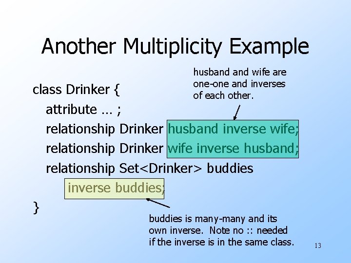 Another Multiplicity Example husband wife are one-one and inverses of each other. class Drinker Another Multiplicity Example husband wife are one-one and inverses of each other. class Drinker