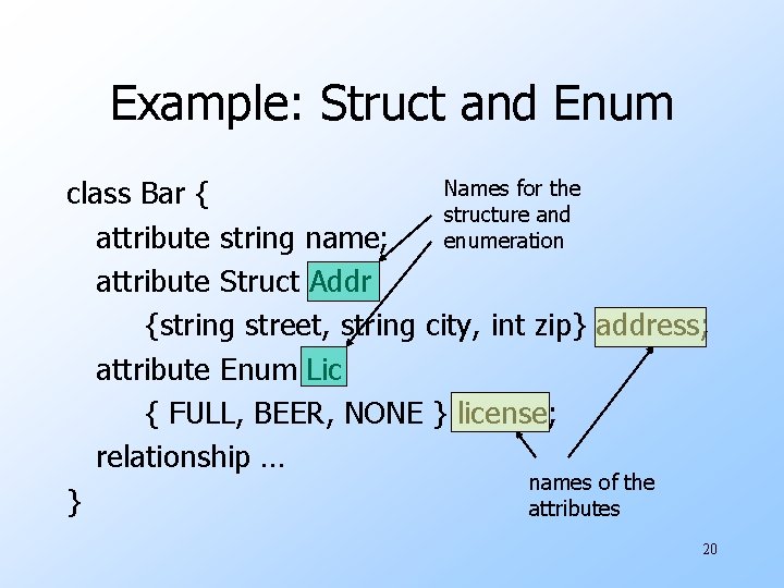 Example: Struct and Enum Names for the class Bar { structure and attribute string Example: Struct and Enum Names for the class Bar { structure and attribute string