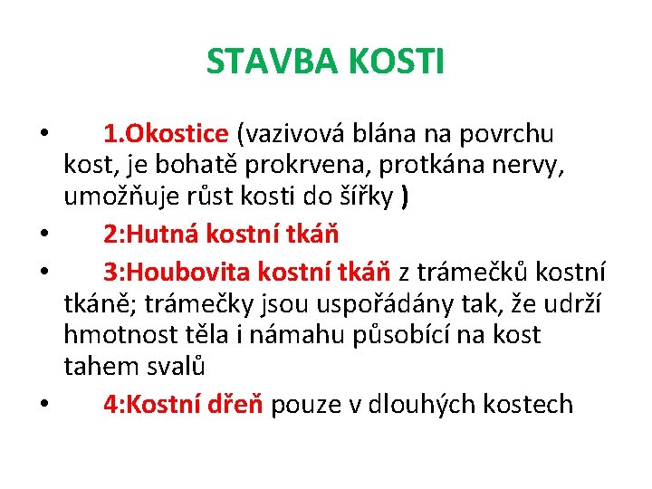 STAVBA KOSTI • 1. Okostice (vazivová blána na povrchu kost, je bohatě prokrvena, protkána STAVBA KOSTI • 1. Okostice (vazivová blána na povrchu kost, je bohatě prokrvena, protkána