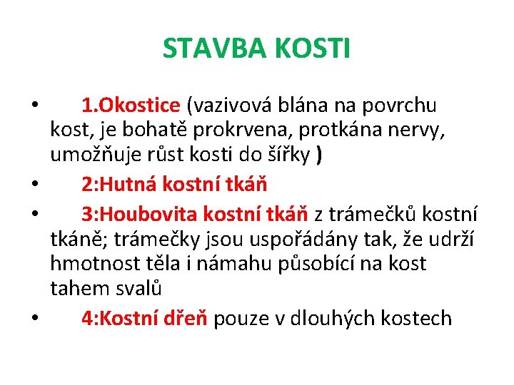 STAVBA KOSTI • 1. Okostice (vazivová blána na povrchu kost, je bohatě prokrvena, protkána