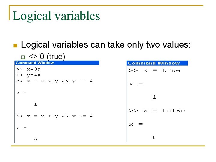 Logical variables n Logical variables can take only two values: q q <> 0