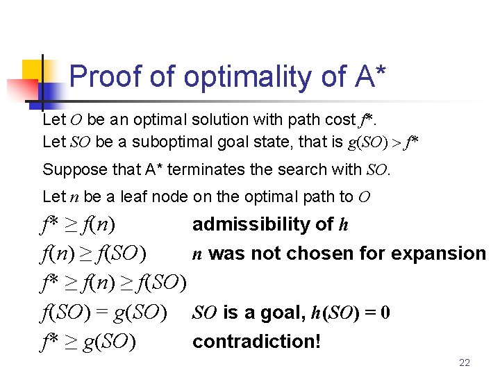 Proof of optimality of A* Let O be an optimal solution with path cost