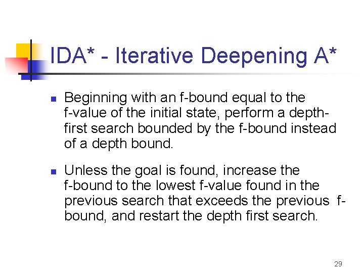 IDA* - Iterative Deepening A* n n Beginning with an f-bound equal to the