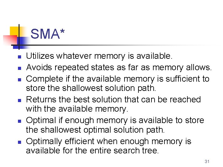 SMA* n n n Utilizes whatever memory is available. Avoids repeated states as far