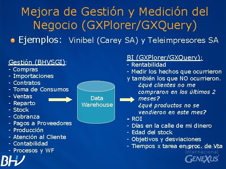 Mejora de Gestión y Medición del Negocio (GXPlorer/GXQuery) Ejemplos: Vinibel (Carey SA) y Teleimpresores