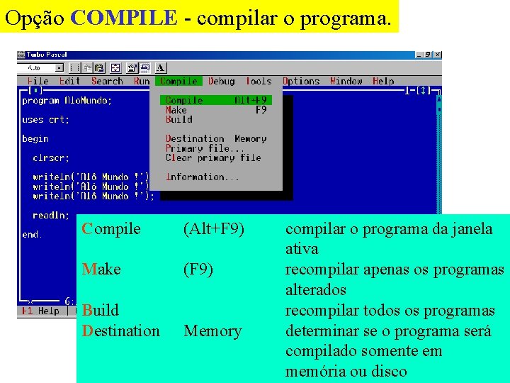 Opção COMPILE - compilar o programa. Compile (Alt+F 9) Make (F 9) Build Destination