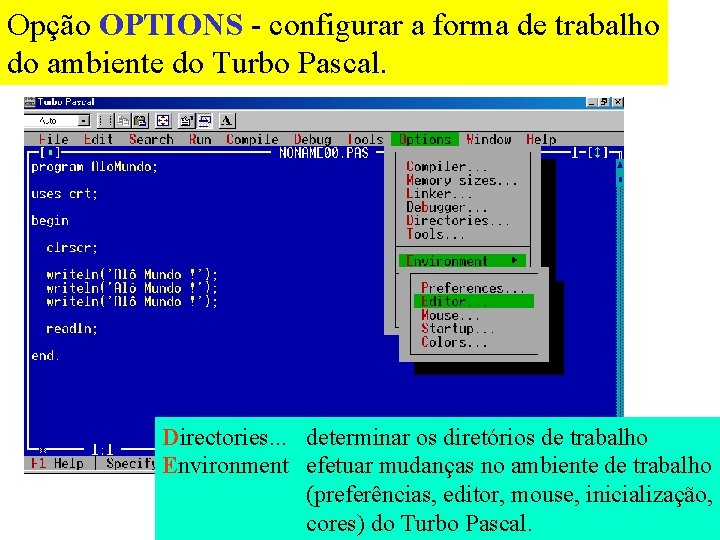 Opção OPTIONS - configurar a forma de trabalho do ambiente do Turbo Pascal. Directories.