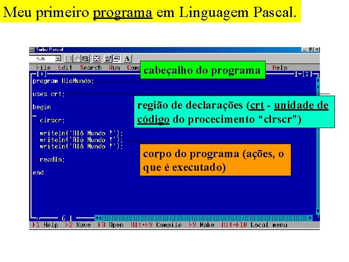 Meu primeiro programa em Linguagem Pascal. cabeçalho do programa região de declarações (crt -