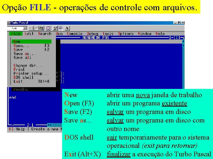 Opção FILE - operações de controle com arquivos. New Open (F 3) Save (F