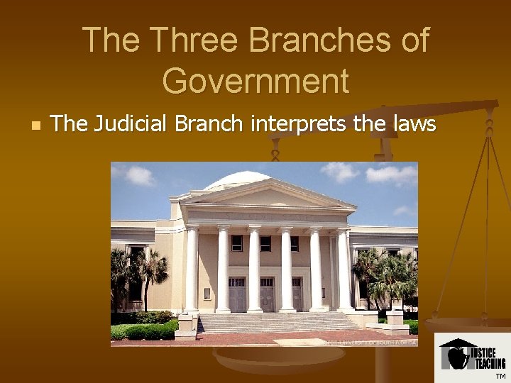 The Three Branches of Government n The Judicial Branch interprets the laws TM 