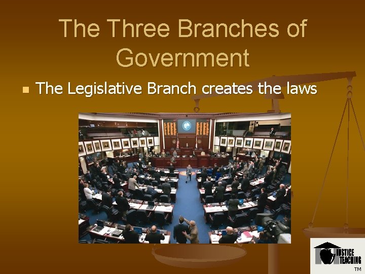 The Three Branches of Government n The Legislative Branch creates the laws TM 