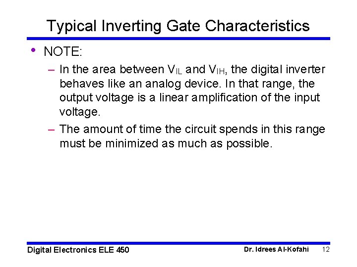 Typical Inverting Gate Characteristics • NOTE: – In the area between VIL and VIH,