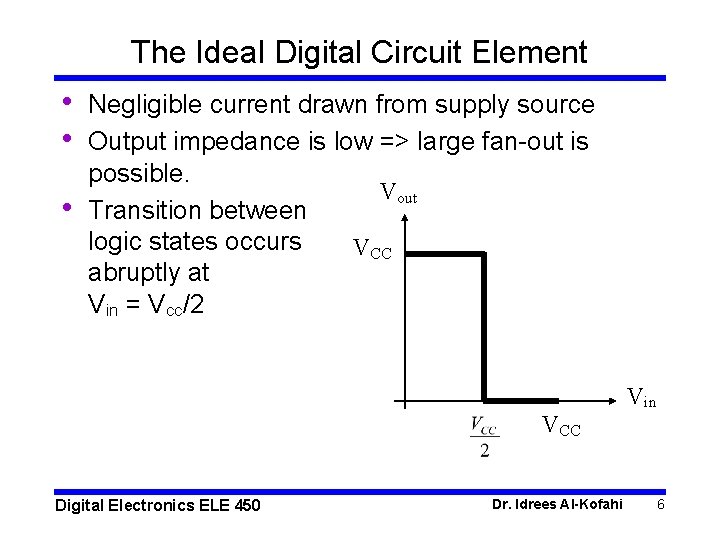 The Ideal Digital Circuit Element • • • Negligible current drawn from supply source