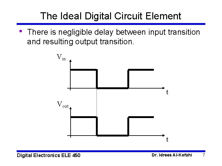 The Ideal Digital Circuit Element • There is negligible delay between input transition and