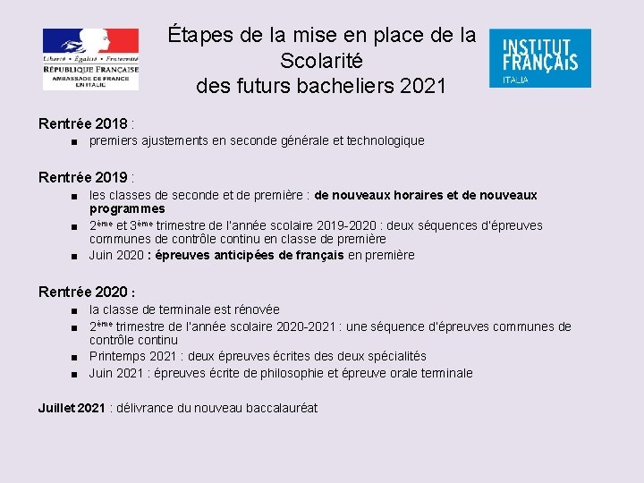 Étapes de la mise en place de la Scolarité des futurs bacheliers 2021 Rentrée