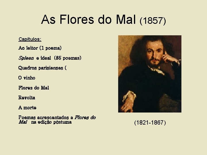 As Flores do Mal (1857) Capítulos: Ao leitor (1 poema) Spleen e ideal (85