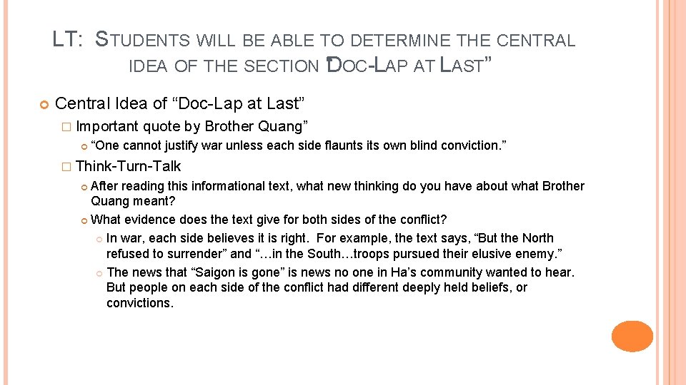 LT: STUDENTS WILL BE ABLE TO DETERMINE THE CENTRAL IDEA OF THE SECTION “DOC-LAP