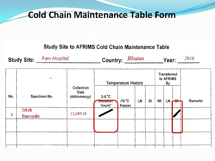 Cold Chain Maintenance Table Form Bhutan Paro Hospital 1 Stick Barcode 11 JAN 16