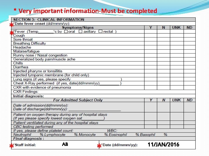 * Very important information-Must be completed * * * AB * 11/JAN/2016 