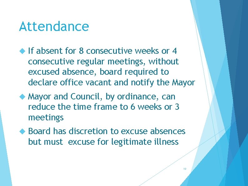 Attendance If absent for 8 consecutive weeks or 4 consecutive regular meetings, without excused