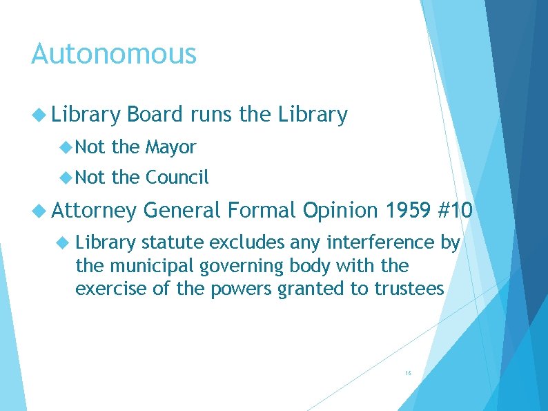 Autonomous Library Board runs the Library Not the Mayor Not the Council Attorney General