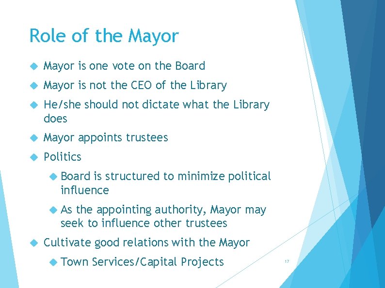 Role of the Mayor is one vote on the Board Mayor is not the