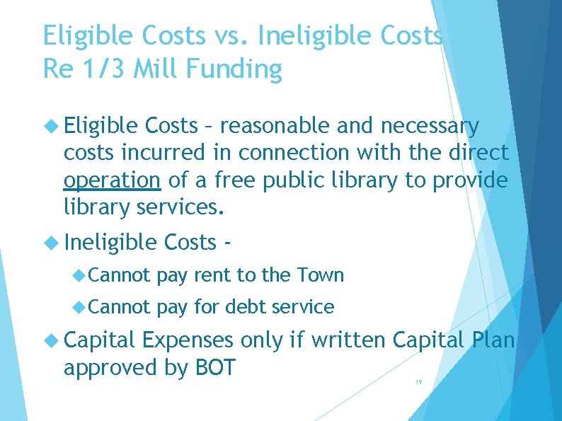 Eligible Costs vs. Ineligible Costs Re 1/3 Mill Funding Eligible Costs – reasonable and