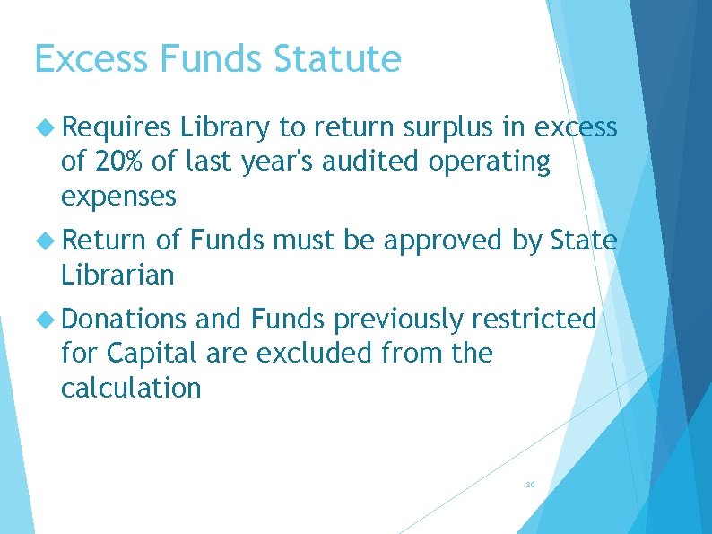 Excess Funds Statute Requires Library to return surplus in excess of 20% of last