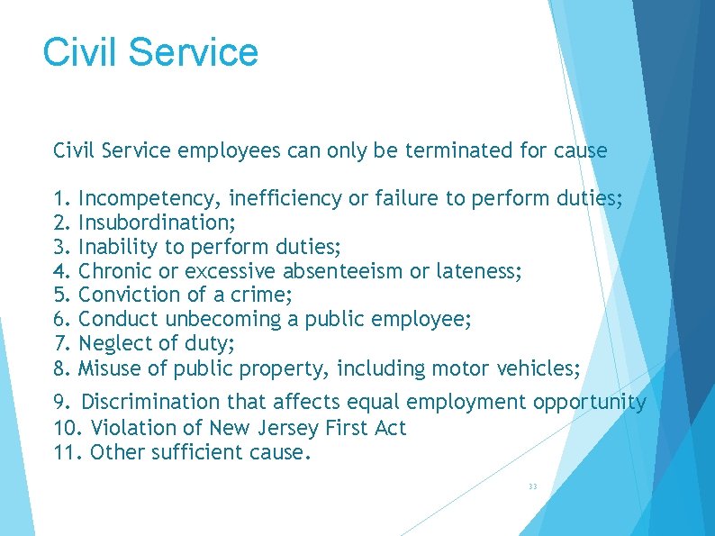 Civil Service employees can only be terminated for cause 1. 2. 3. 4. 5.