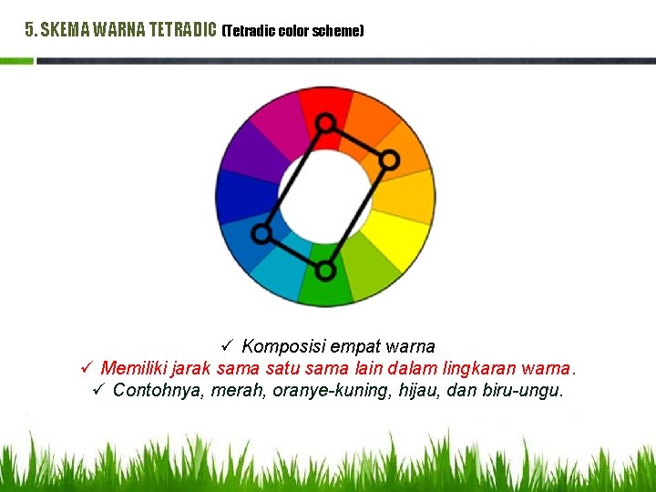 5. SKEMA WARNA TETRADIC (Tetradic color scheme) ü Komposisi empat warna ü Memiliki jarak 5. SKEMA WARNA TETRADIC (Tetradic color scheme) ü Komposisi empat warna ü Memiliki jarak