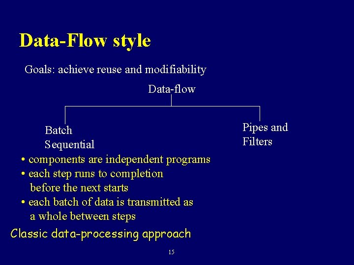 Data-Flow style Goals: achieve reuse and modifiability Data-flow Batch Sequential • components are independent