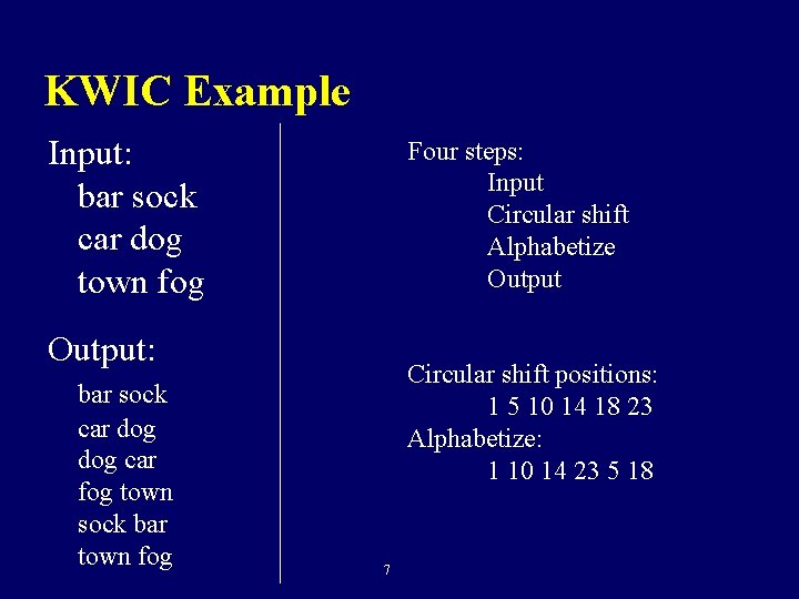 KWIC Example Input: bar sock car dog town fog Four steps: Input Circular shift