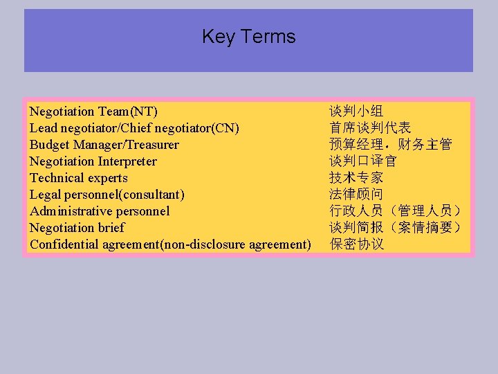 Key Terms Negotiation Team(NT) Lead negotiator/Chief negotiator(CN) Budget Manager/Treasurer Negotiation Interpreter Technical experts Legal Key Terms Negotiation Team(NT) Lead negotiator/Chief negotiator(CN) Budget Manager/Treasurer Negotiation Interpreter Technical experts Legal
