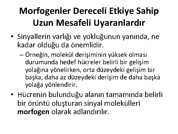 Morfogenler Dereceli Etkiye Sahip Uzun Mesafeli Uyaranlardır • Sinyallerin varlığı ve yokluğunun yanında, ne