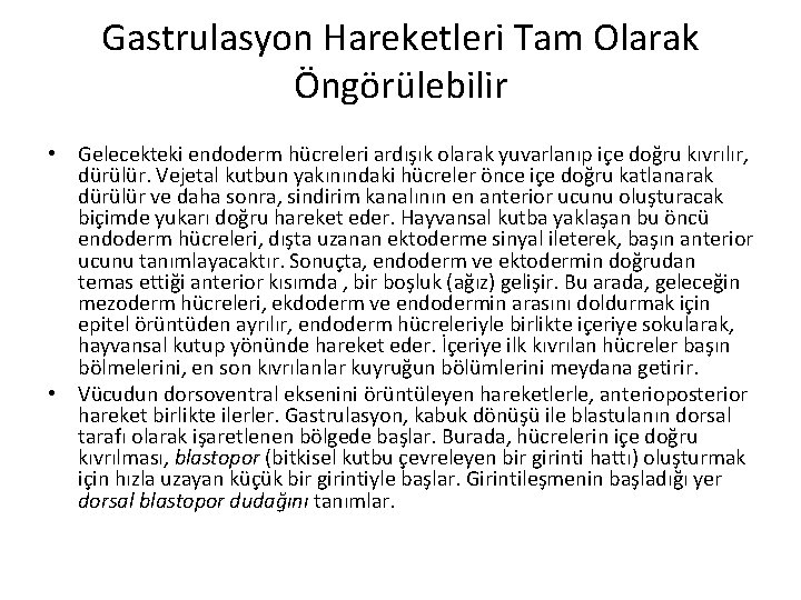 Gastrulasyon Hareketleri Tam Olarak Öngörülebilir • Gelecekteki endoderm hücreleri ardışık olarak yuvarlanıp içe doğru