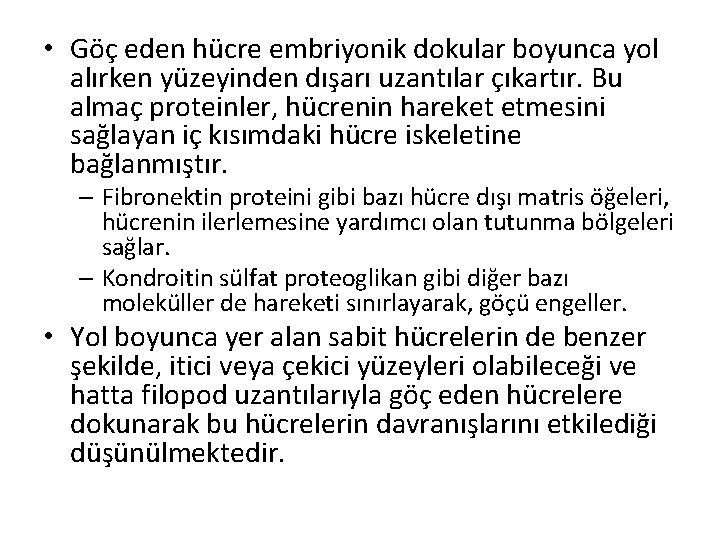  • Göç eden hücre embriyonik dokular boyunca yol alırken yüzeyinden dışarı uzantılar çıkartır.