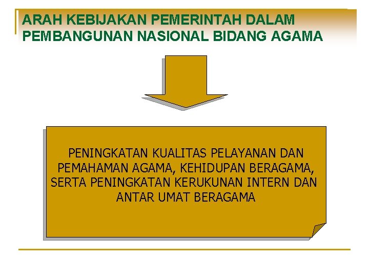 ARAH KEBIJAKAN PEMERINTAH DALAM PEMBANGUNAN NASIONAL BIDANG AGAMA PENINGKATAN KUALITAS PELAYANAN DAN PEMAHAMAN AGAMA,