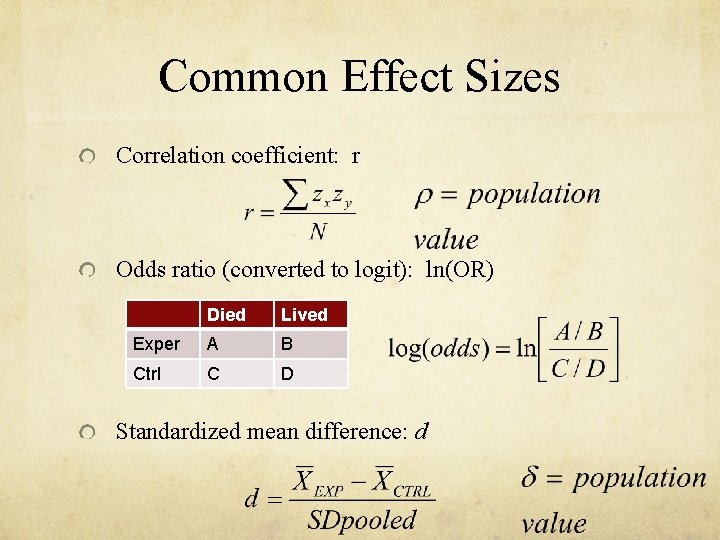 Common Effect Sizes Correlation coefficient: r Odds ratio (converted to logit): ln(OR) Died Lived