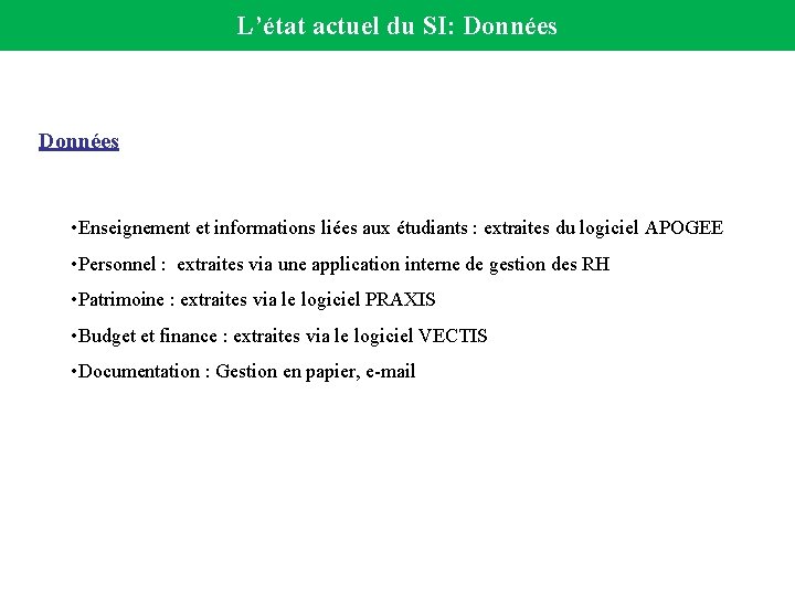 L’état actuel du SI: Données • Enseignement et informations liées aux étudiants : extraites