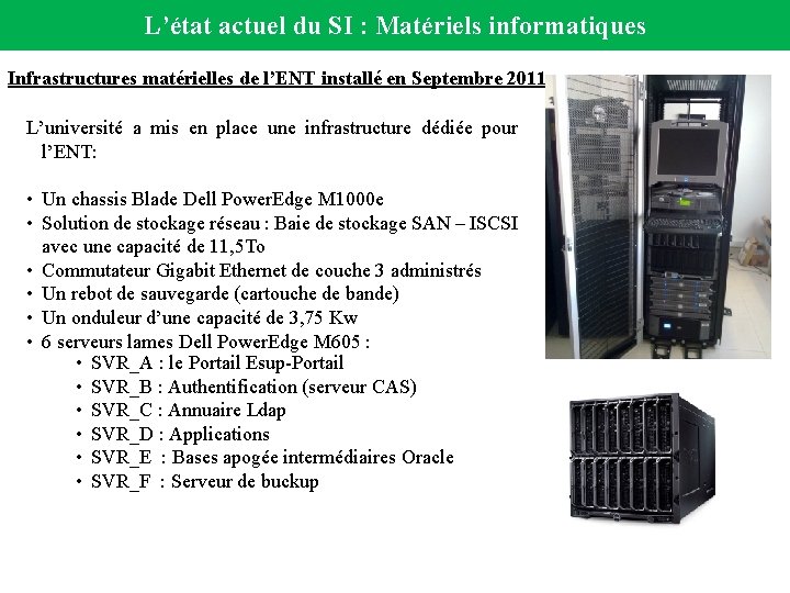 L’état actuel du SI : Matériels informatiques Infrastructures matérielles de l’ENT installé en Septembre