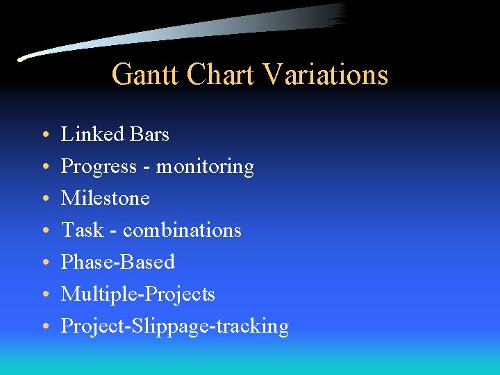 Gantt Chart Variations • • Linked Bars Progress - monitoring Milestone Task - combinations