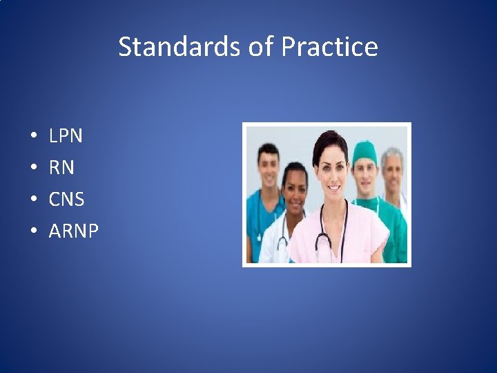 Standards of Practice • • LPN RN CNS ARNP 