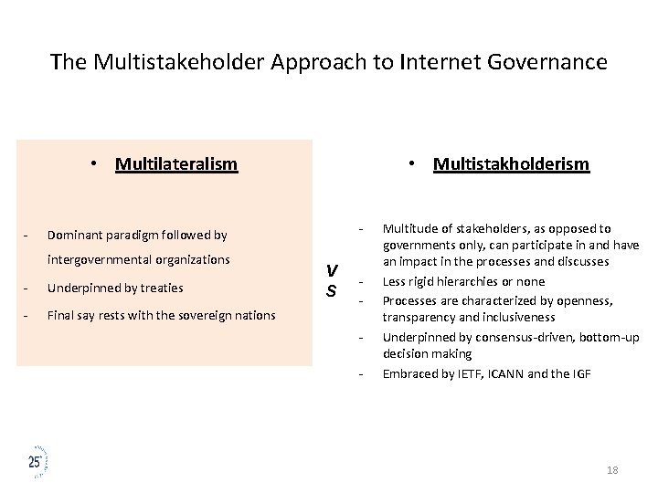 The Multistakeholder Approach to Internet Governance • Multilateralism - • Multistakholderism - Dominant paradigm