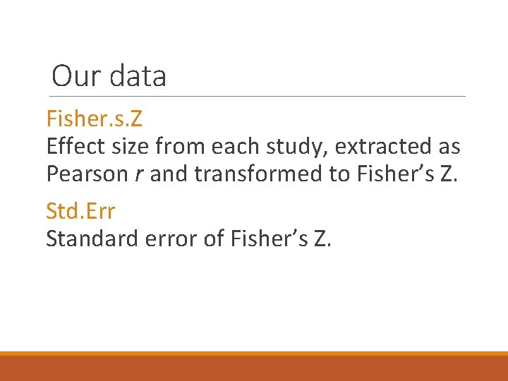 Our data Fisher. s. Z Effect size from each study, extracted as Pearson r