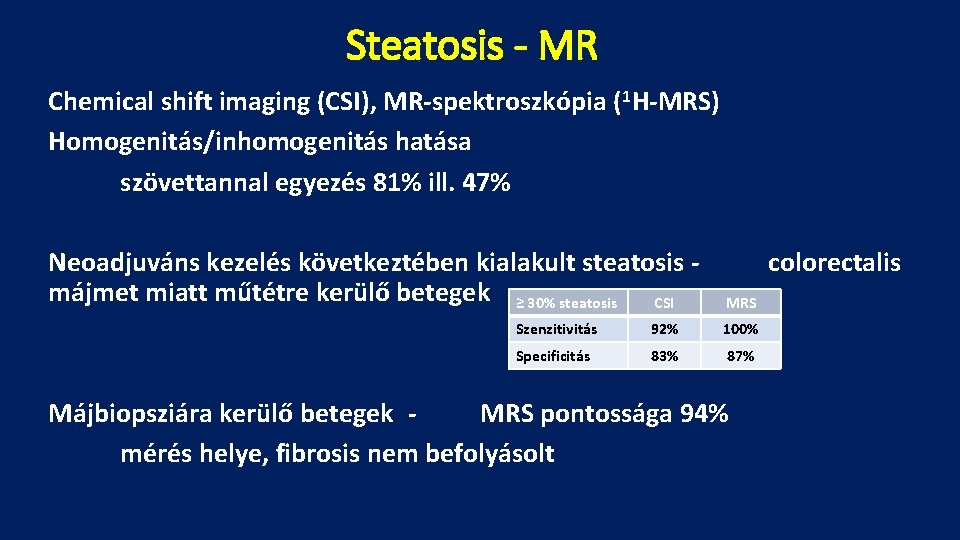 Steatosis - MR Chemical shift imaging (CSI), MR-spektroszkópia (1 H-MRS) Homogenitás/inhomogenitás hatása szövettannal egyezés