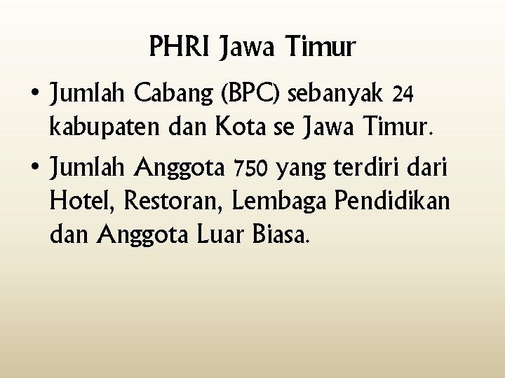 PHRI Jawa Timur • Jumlah Cabang (BPC) sebanyak 24 kabupaten dan Kota se Jawa